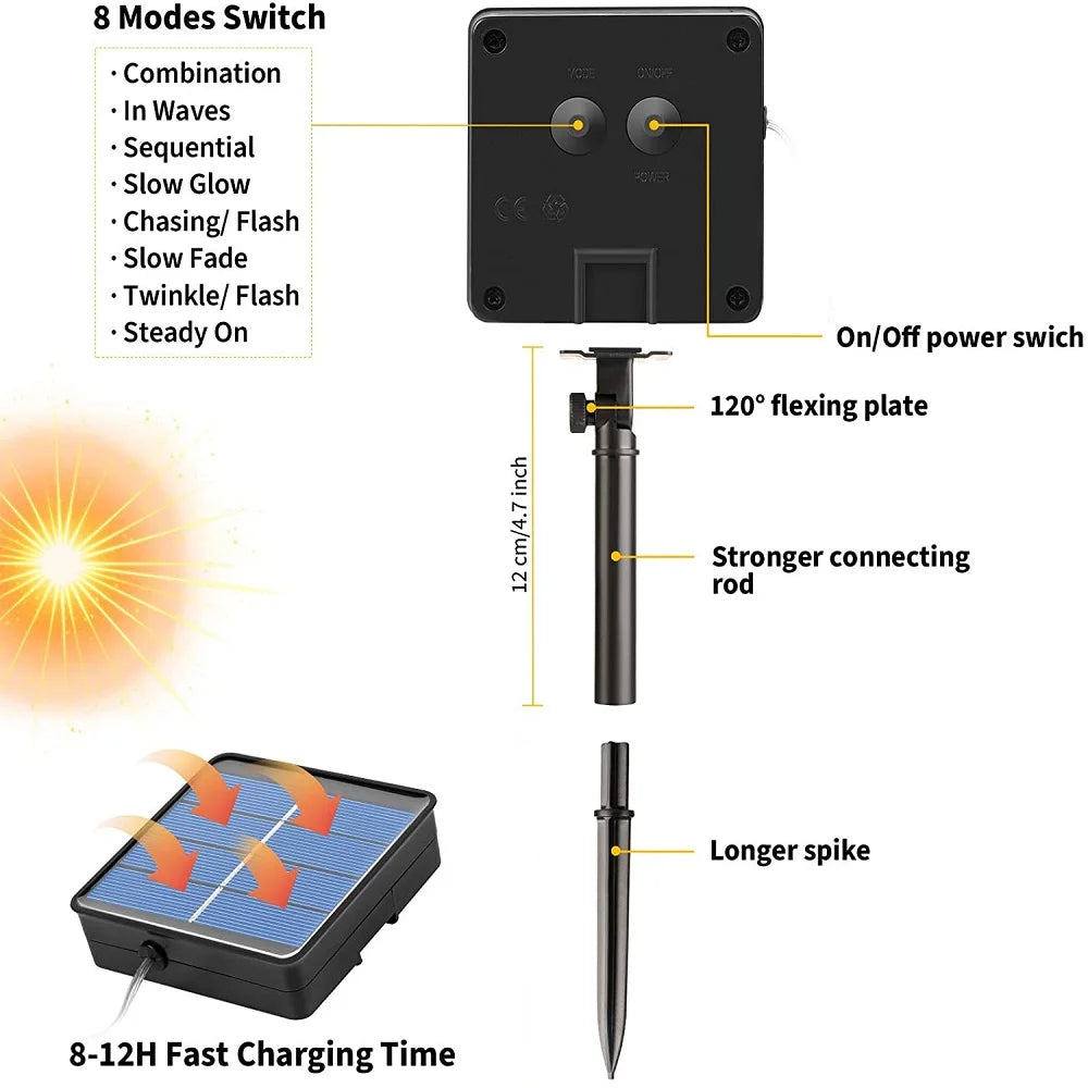 Solar Rope Light, Flashlight features 8 modes, durable design, and fast charging.