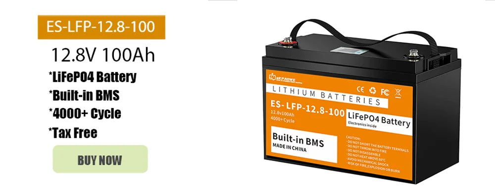 Solar Controller, ES-LFP-12.8-100: 12.8V, 100Ah LiFePo4 battery with built-in BMS, up to 4000 cycles.