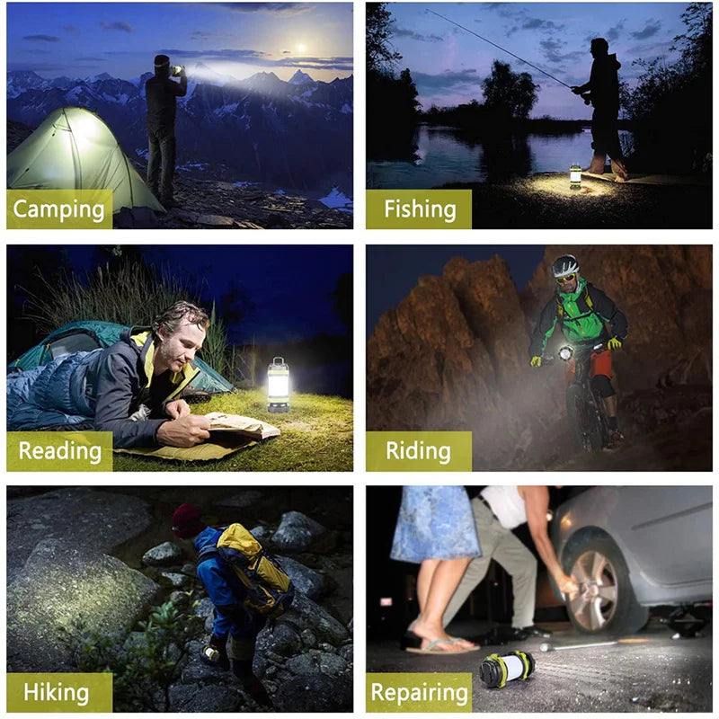 Multi-purpose camping lantern for reading, hiking, fishing, and emergency use in wet conditions.