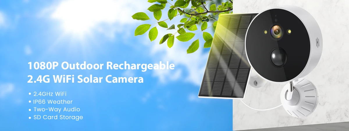 TQ2B - 1080P WiFi Solar Camera, Rugged outdoor camera with Wi-Fi, audio, and SD storage for reliable 1080p video monitoring.