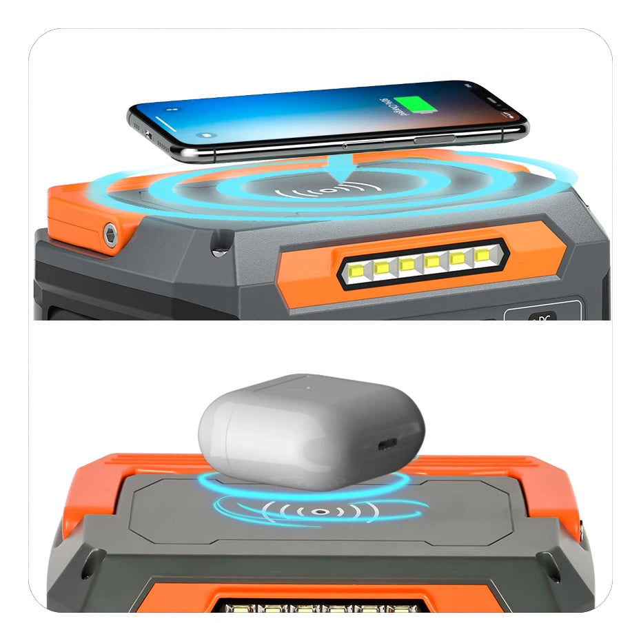 FF Flashfish P66 Solar Generator, DC output: multiple USB ports and wireless charging with max powers specified.