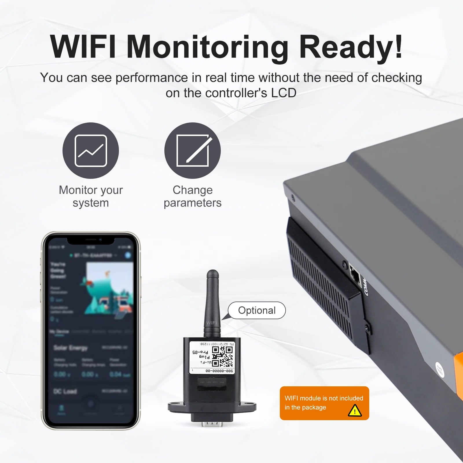 PowMr 3.2KW Hybrid Solar Inverter, Real-time system performance monitoring via WiFi, no LCD required; adjust settings as needed (WiFi module not included).