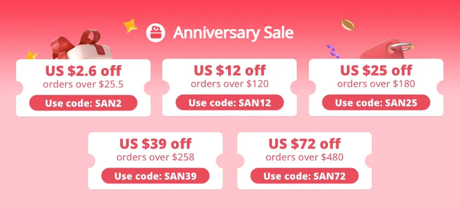 Discount codes for orders over $25: SAN2 ($12 off), SAN12 ($25 off), and more.