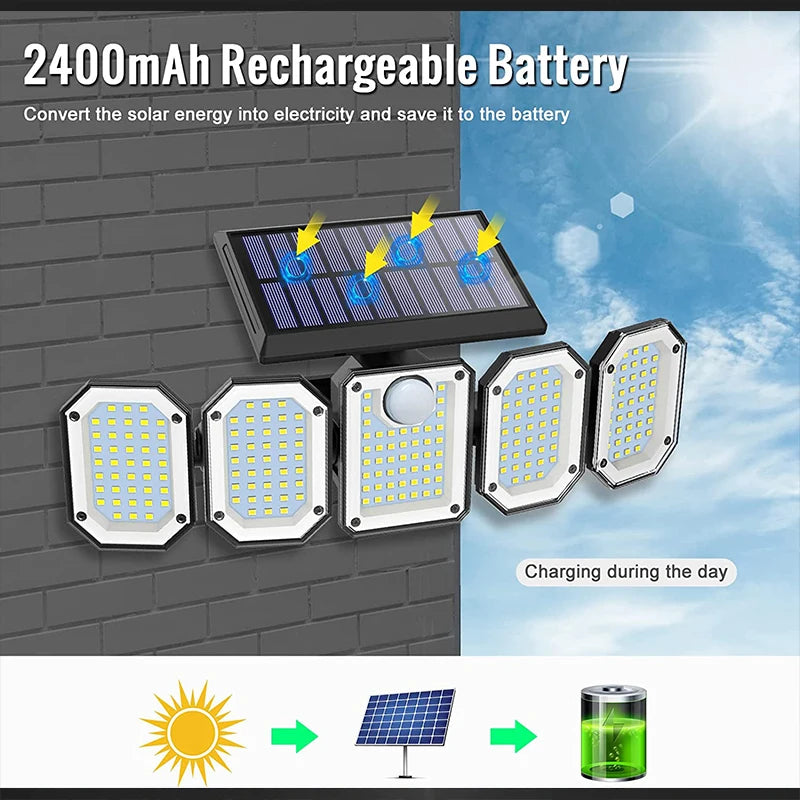 5 Heads Solar 300 LED Light, Rechargeable solar-powered battery for nighttime use, storing energy gathered during the day.