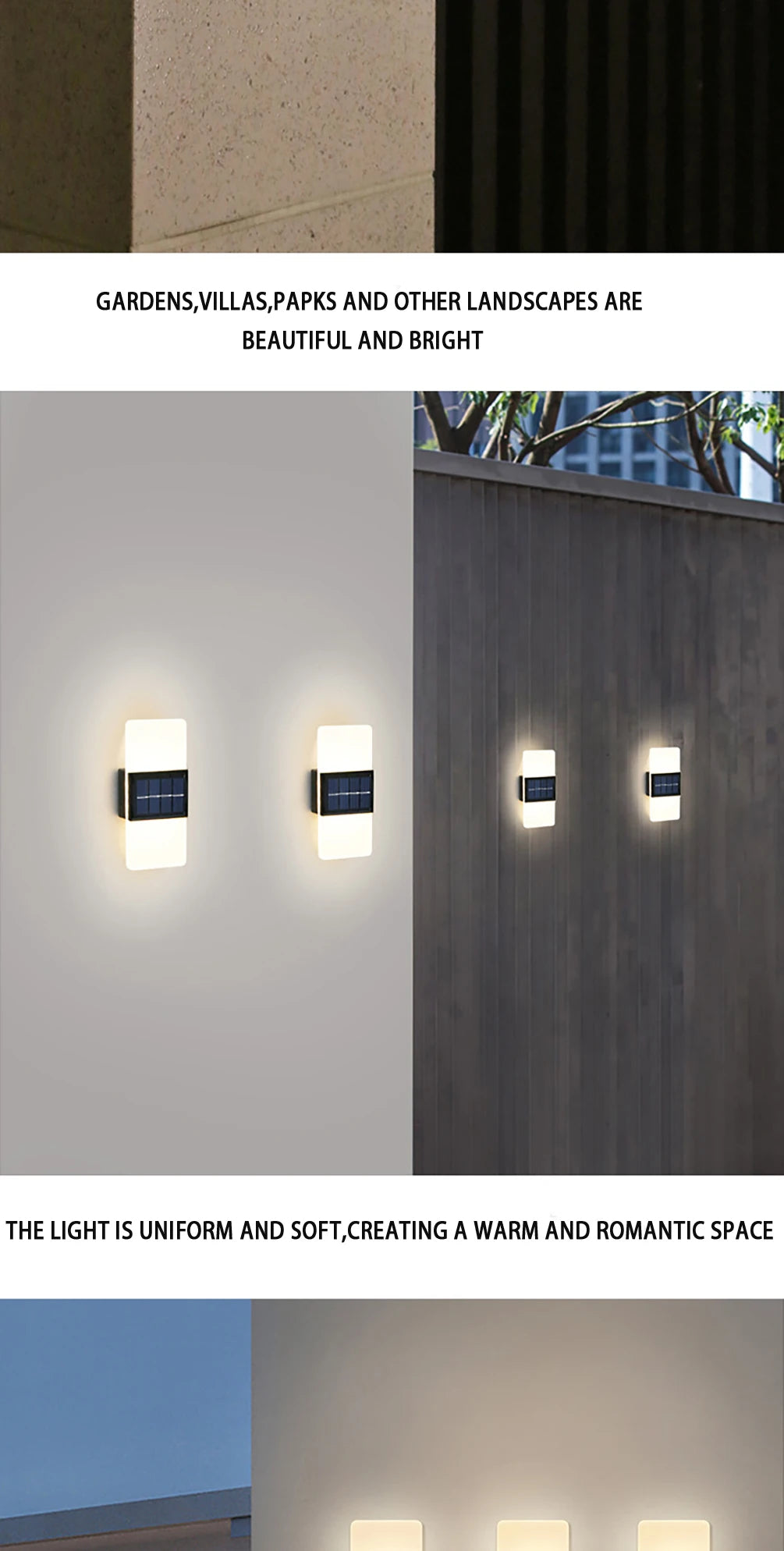 LED Solar Wall Light, Soft, solar-powered lighting creates warm ambiance for gardens, villas, and parks.