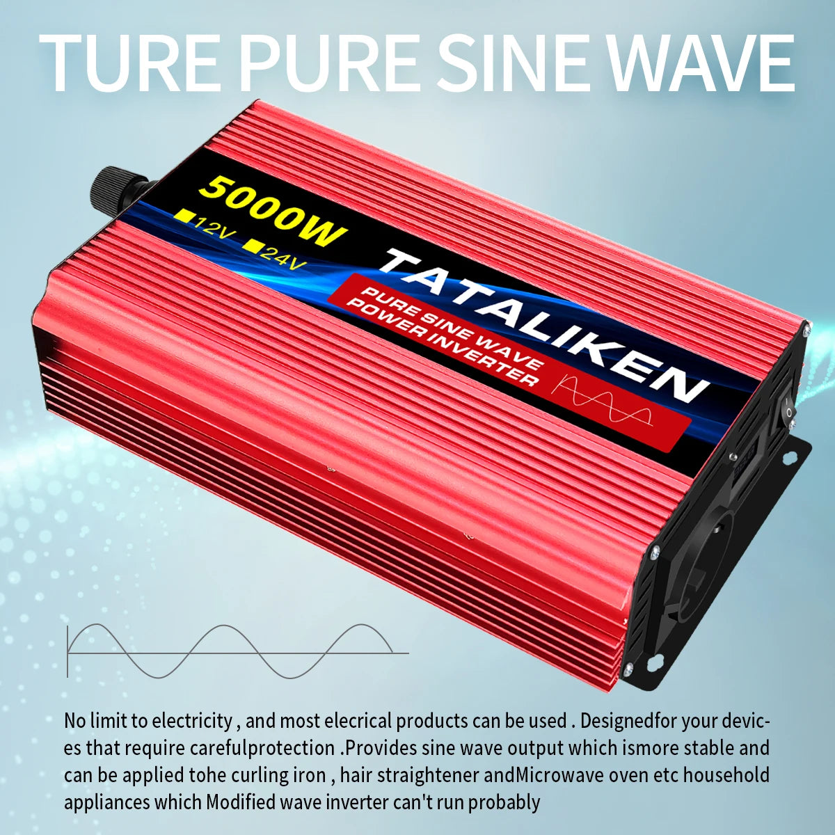 Pure sine wave inverter supports sensitive devices and high-power appliances with stable output.