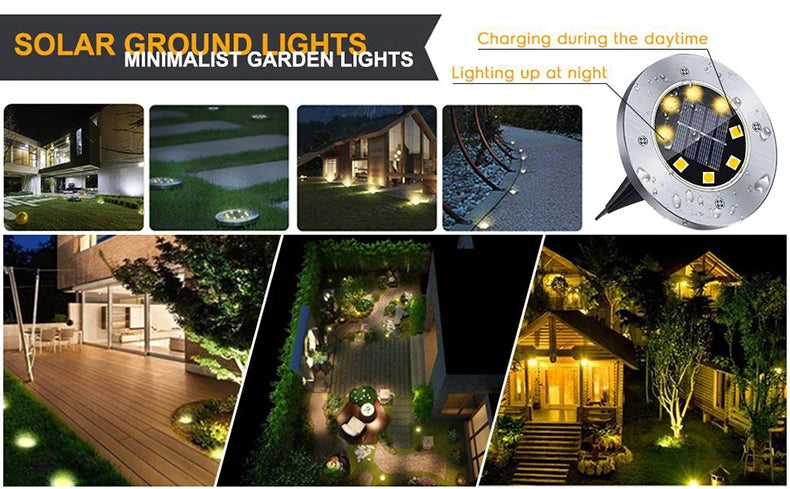 Upgraded 8/16 LED Solar lawn Light, Charges during the day and shines at night for a warm outdoor ambiance.