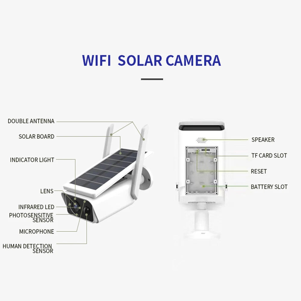 BYSL 4MP Solar Camera, Wireless, solar-powered security camera with dual antennas, speaker, and advanced features like infrared LEDs and motion detection.