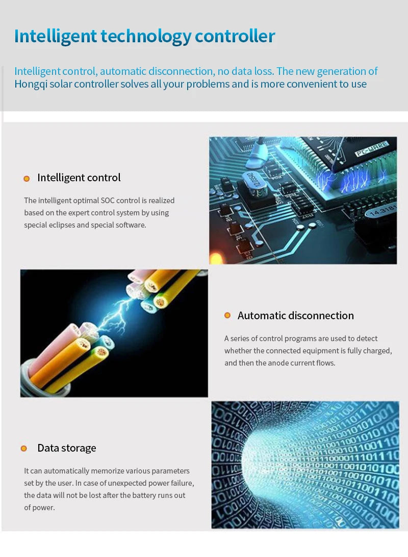 10A 20A 30A PWM Solar Charge Controller, Smart solar controller with automatic disconnection and data preservation for seamless charging.