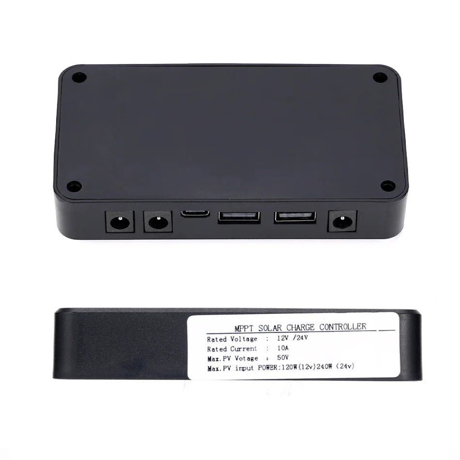 MPPT solar charge controller with LCD screen for monitoring, protecting against overcharge, undervoltage, and short circuits.