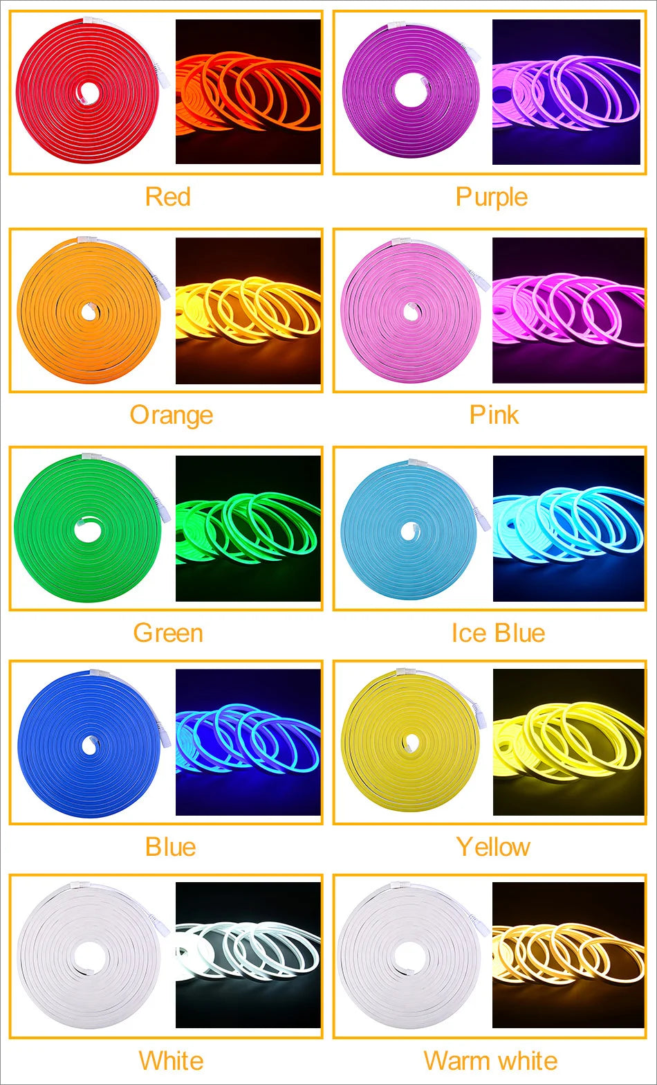 DC12V LED Neon Strip Light, Vibrant color assortment for versatile decoration: red, purple, orange, pink, green, blue, ice blue, yellow, and warm white.