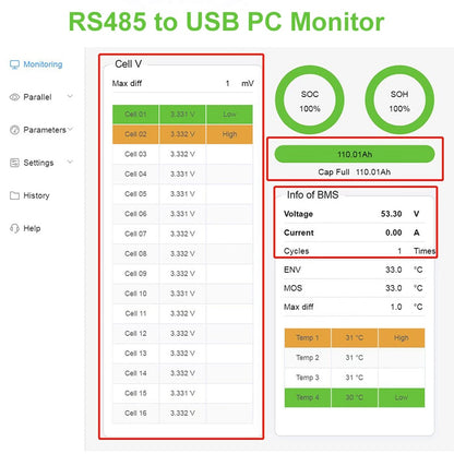 48V 100Ah Powerwall - 6000 Cycles 5120Wh PC Monitor Max 32 Parallel LiFePO4 Battery Pack Built-in 16S 51.2V 100A BMS NO TAX