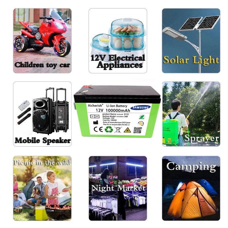 Aicherish 12V 60AH 18650 Lithium Battery, Suitable for solar, EVs, and devices like toys, speakers, and camping gear; includes 12.6V 3A charger.