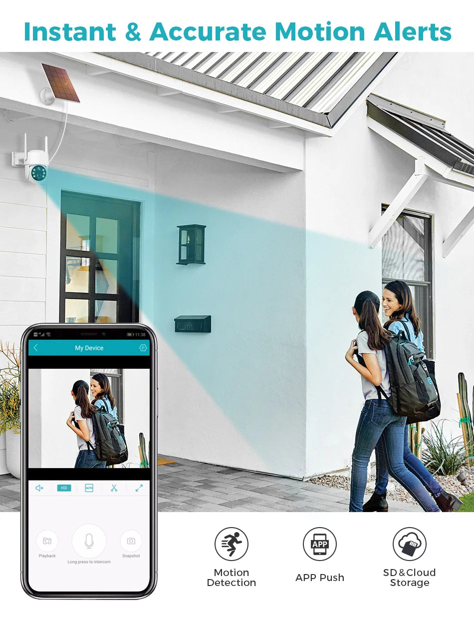 SOVMIKU WIFI Solar Camera, Instant motion alerts to phone with cloud storage option for long-term video preservation.