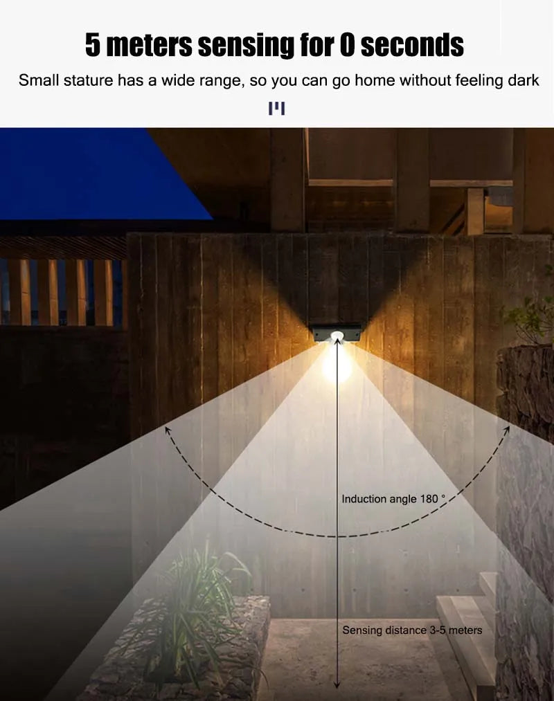 Solar Light, Motion-sensing solar-powered wall light with wide coverage and 16ft detection range.