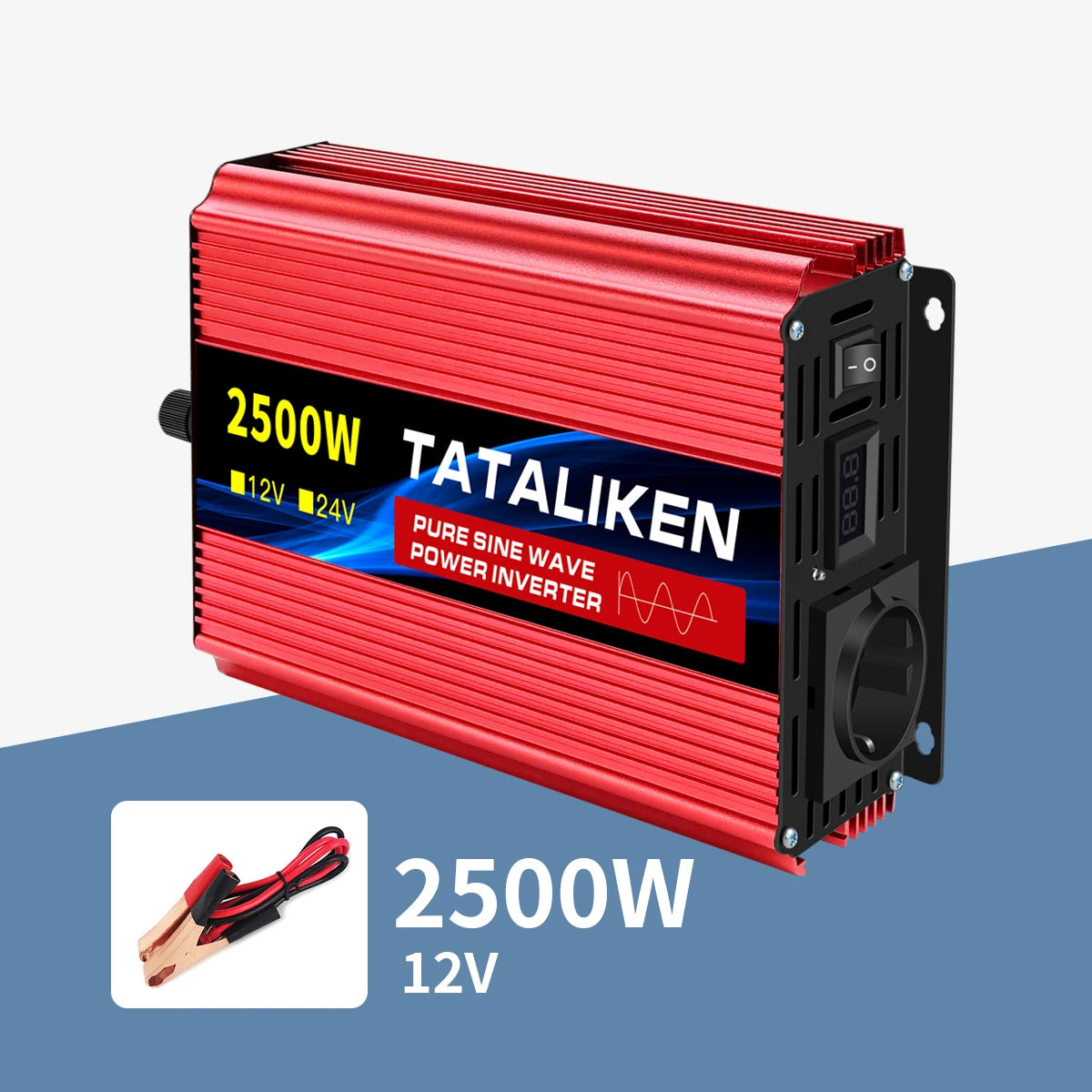 Pure sine wave inverter converts 12V DC to 220V AC with LED display.