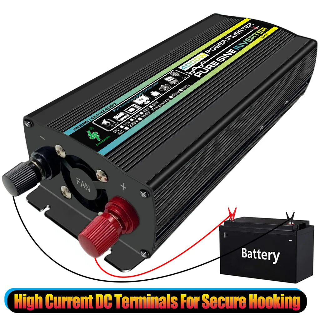 3000W/4000W Pure Sine Wave Inverter, 38 high-current DC terminals provide secure connections for battery and fan mounting.