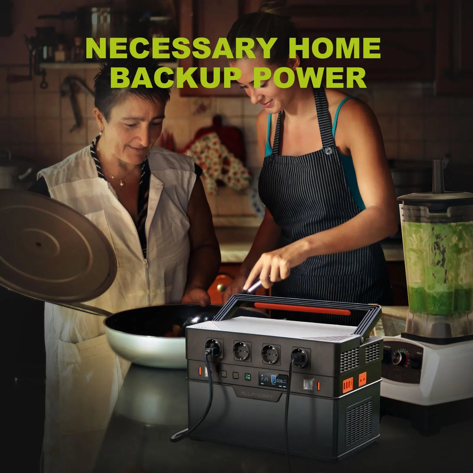Portable power station for homes or camping, with 1500Wh capacity and 2400W output, rechargeable via solar panels.