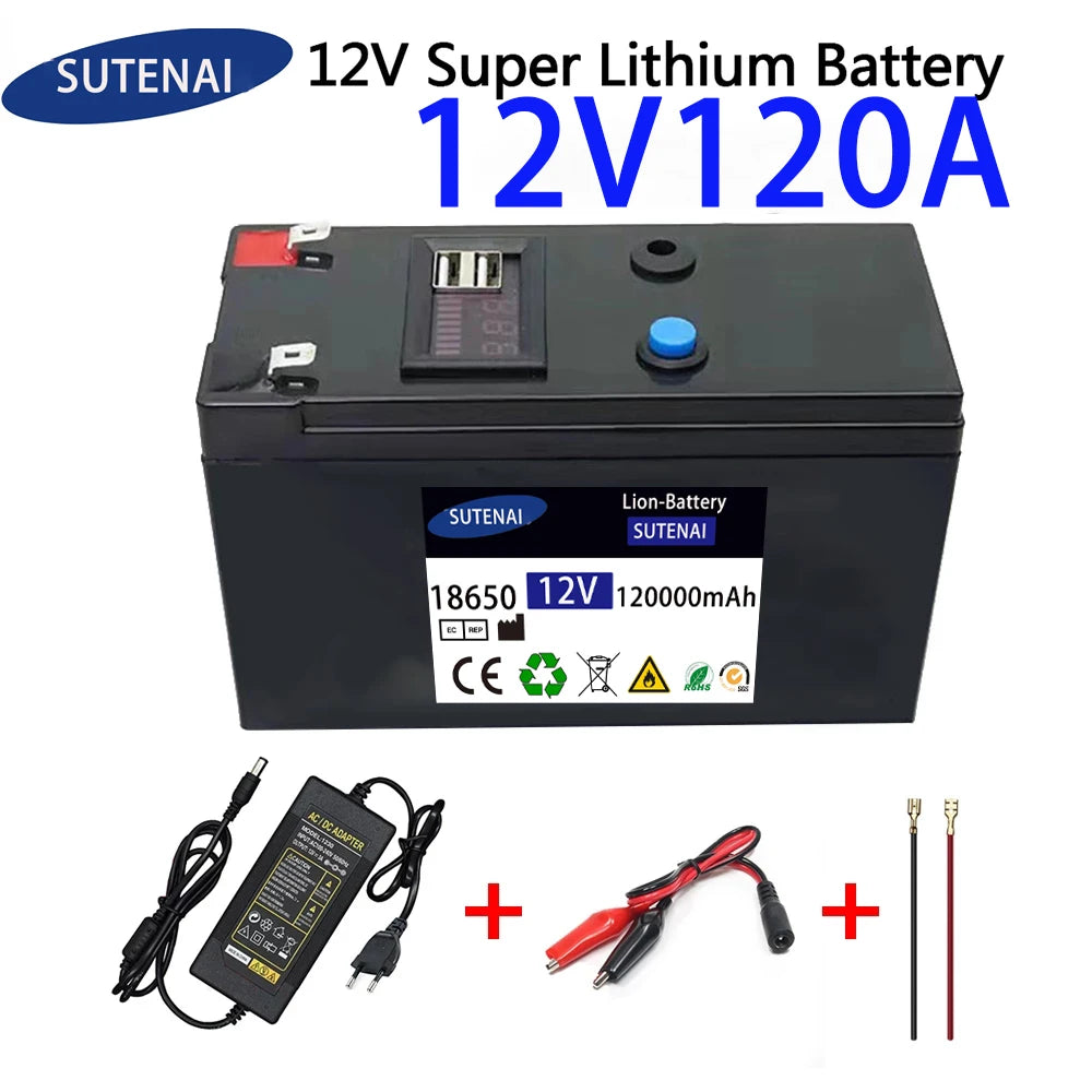 12V Battery, Rechargeable lithium battery pack for solar power and electric vehicles with built-in charger.