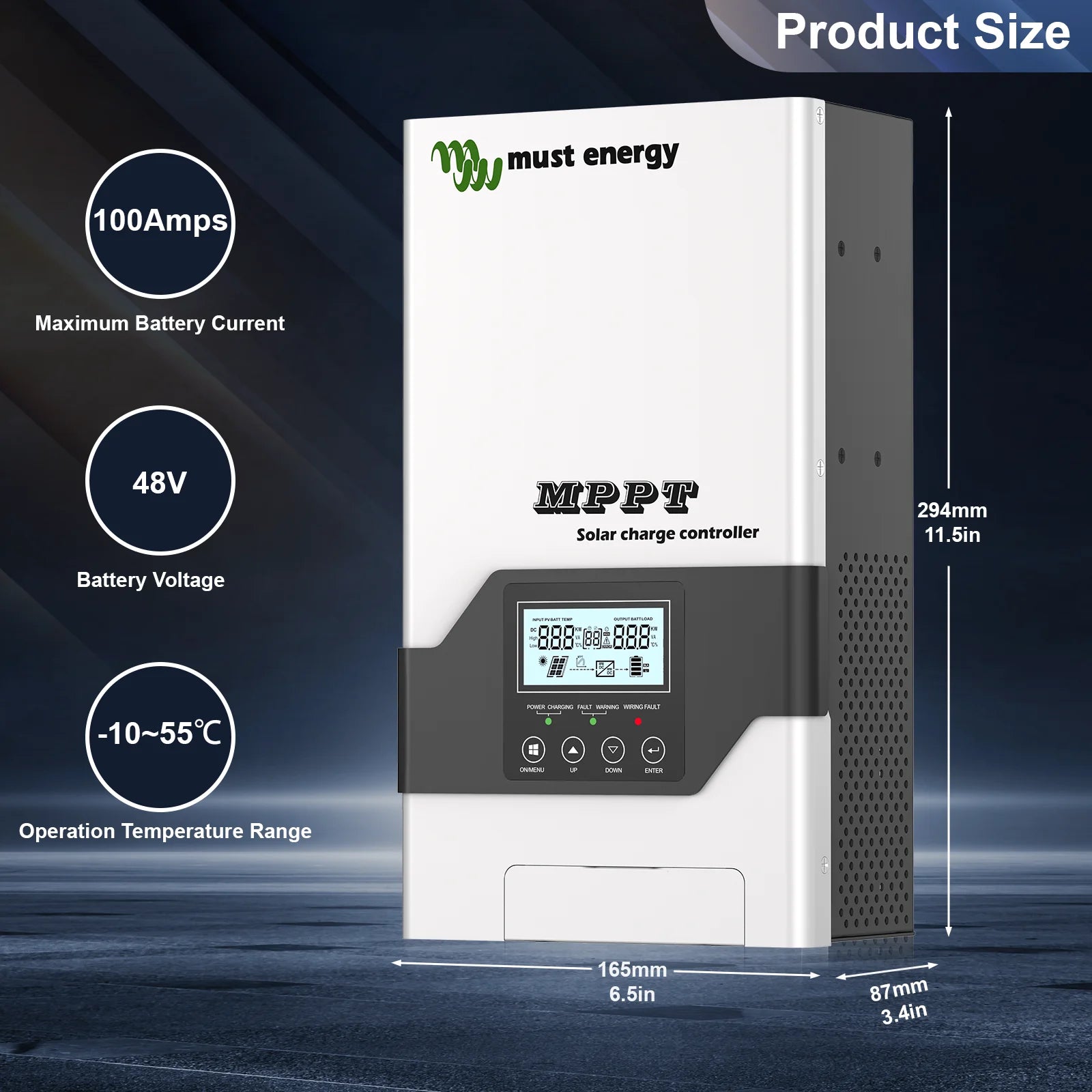 MUST ENERGY 80A 100A MPPT Solar Charge Controller, MUST Energy's 100A MPPT Solar Charge Controller with 11-stage protection circuit and temperature range -10°C to 55°C.