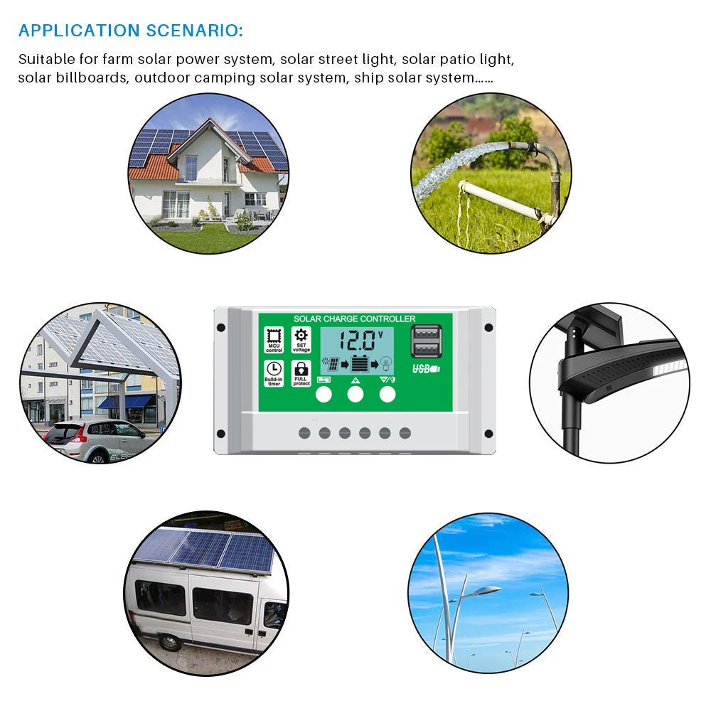 Solar Charge Controller, Solar-powered applications for farms, streets, homes, camping, and ships; compatible with USB devices.