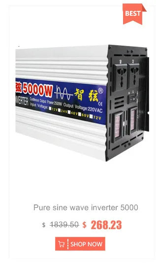 Pure sine wave inverter converts DC power to AC power at 220V/110V and 60Hz.