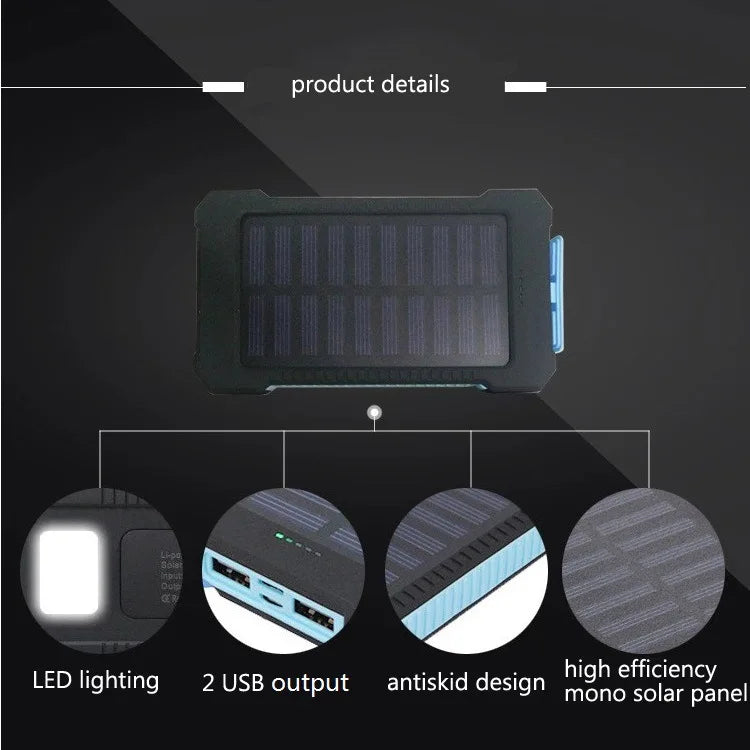 Convenient charger with LED lights, dual USB ports, non-slip grip, and efficient solar power.