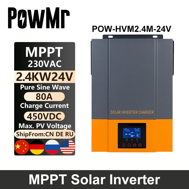 PowMr MPPT Solar Inverter, PowMr's POW-HVM2.4M-24V MPPT inverter features pure sine wave and 8A charge current for off-grid systems.