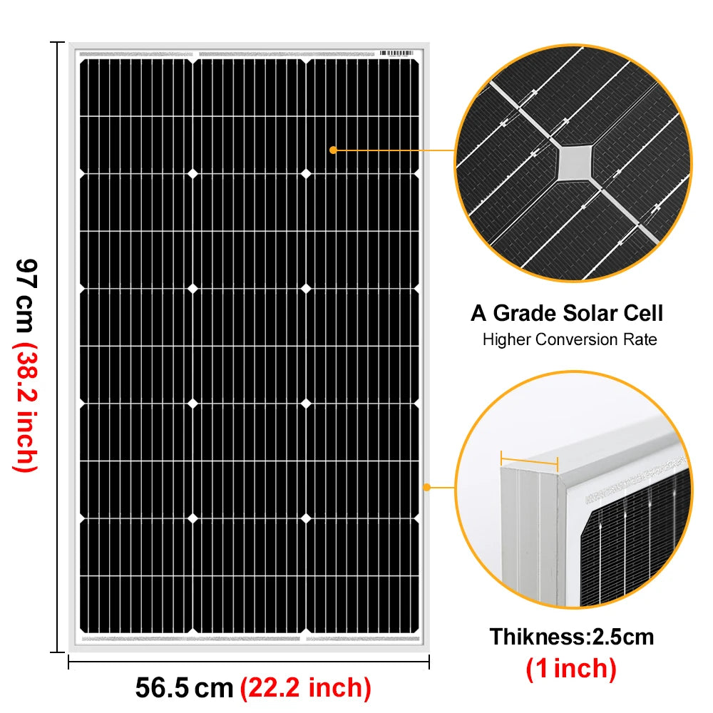 High-efficiency solar panel with 3A-grade cells, 2% conversion rate, and durable 2.5cm thickness.
