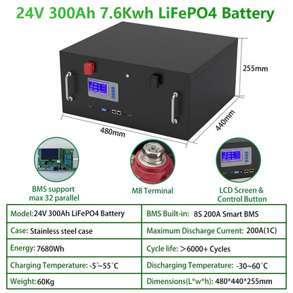 LiFePO4 24V 240Ah 300Ah 200Ah 6144Wh Battery Pack - Built-in 8S 25.6V 200A BMS CAN RS485 6000+ Cycles 10 Year Warranty EU NO TAX