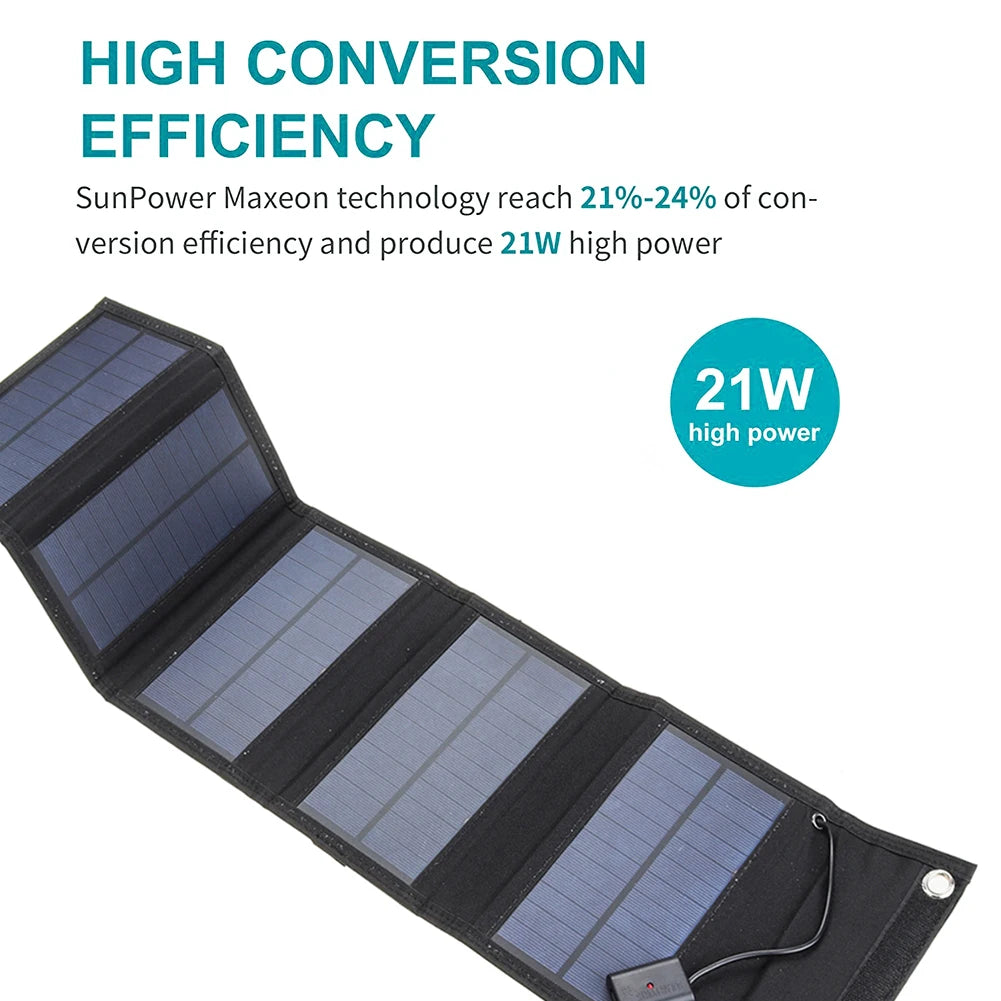 15/20W 5V Solar Panel, High-efficiency solar panel with Maxeon tech, producing 15-20 watts of power.