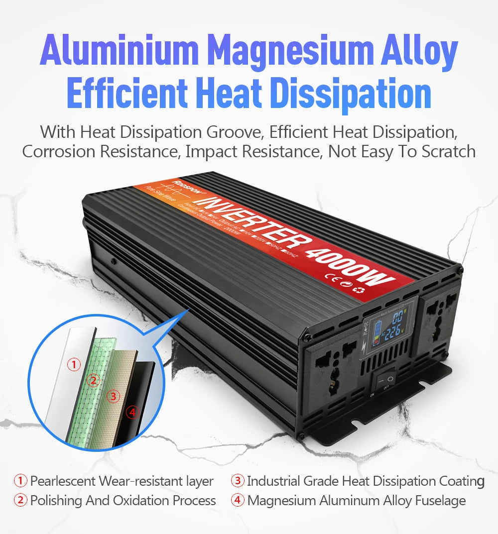 LED 3000W Pure Sine Wave Inverter, Effective heat management through magnesium aluminum alloy fuselage and industrial-grade coating for durability.