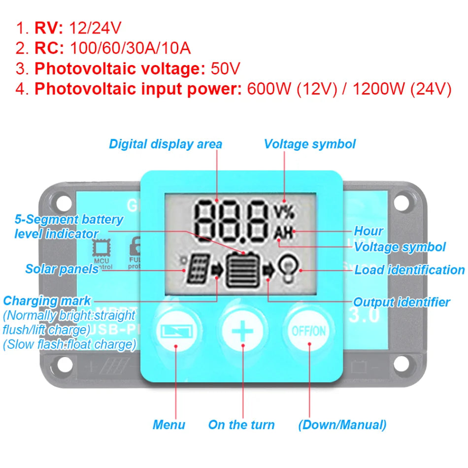 MPPT Solar Charge Controller with LCD screen, multi-protections, and digital display for monitoring charge status.