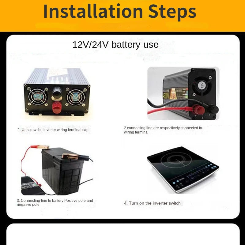 Solar Inverter, Install by connecting inverter wires to battery's poles, securing terminal cap, and turning on switch.