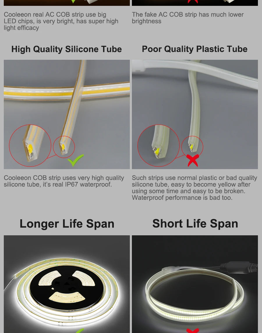 High-quality LED chips and silicone tube ensure brightness and waterproofing in Cooleeon's authentic AC COB strips.