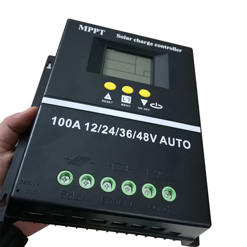 100A 80A 60A MPPT Solar Charge Controller, Solar charge controller for 12V-48V batteries, features MPPT, LCD display, and safety features like overcharge protection.