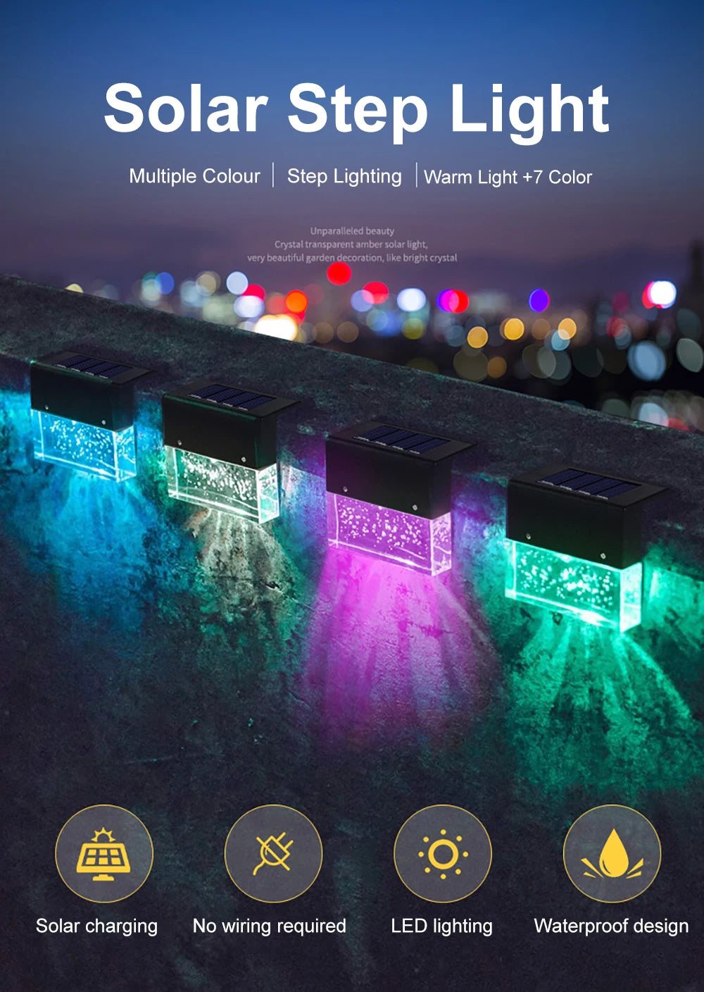 Solar LED Light, Elegant solar-powered step light with 7 colors and warm glow, no wiring needed, perfect for garden decor.