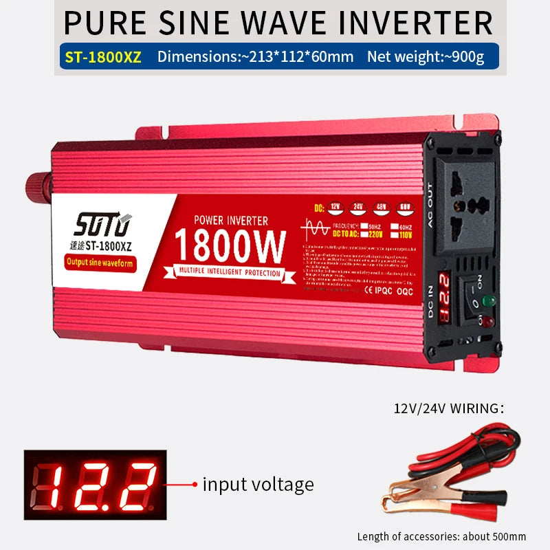 Pure Sine Waveform Universal Inverter, ST-1800XZ Inverter: 1800W sine wave output, intelligent protection, and overcurrent detection for DC input 12V/24V.