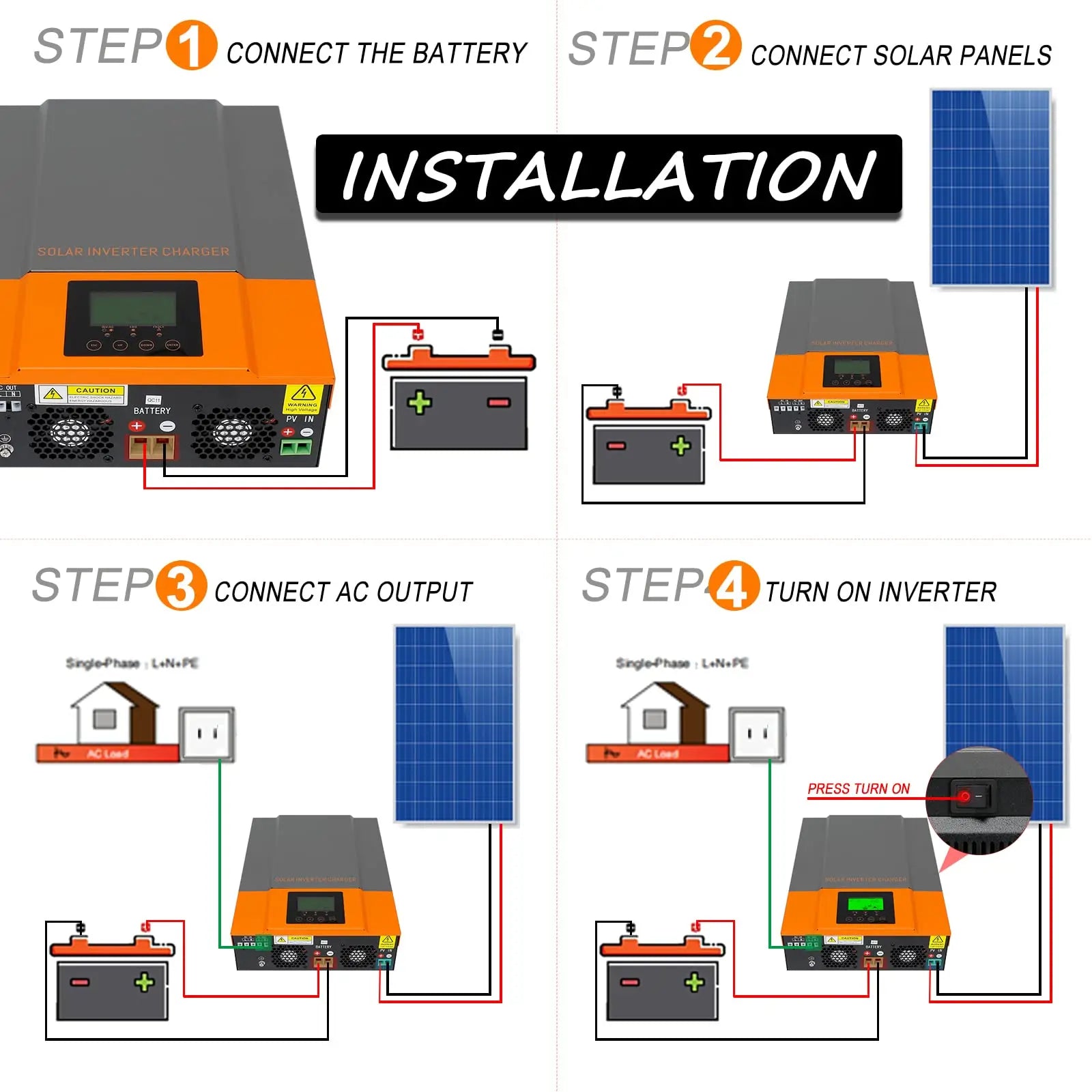 PowMr Hybrid Solar Inverter, Install solar panels and inverter charger after connecting battery; turn off DC power before inverter use.