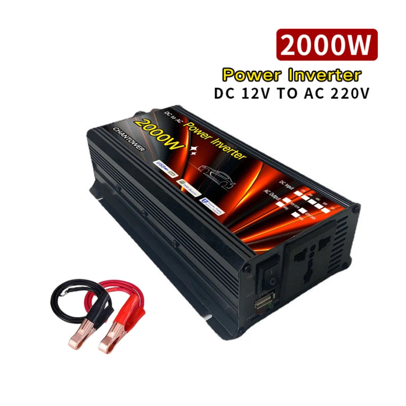 Solar Inverter, DC-AC converter with 12V input, 220V output, and 2000W capacity for car inverters and backup power.