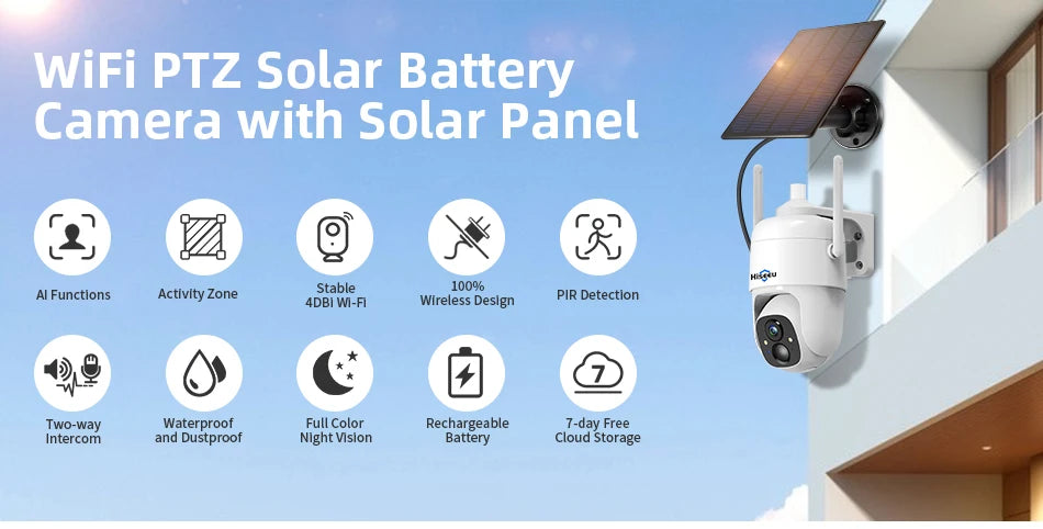 Outdoor PTZ camera with solar power, night vision, and cloud storage for wireless surveillance.