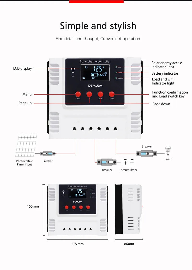 12V 24V 48V 40A 60A Solar Charge Controller, Smart battery monitor with LCD display, indicator lights, and WiFi connectivity.