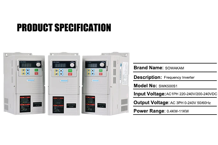 Frequency Inverter with 220-240V input, 200-240V DC output, and 0.4-2.2kW power range for single-phase use.