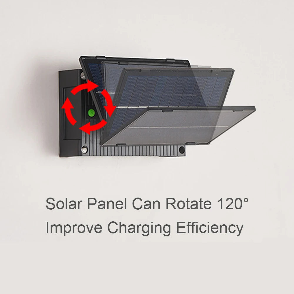 Wall Light, Rotating solar panel optimizes charging efficiency with 120-degree adjustment.