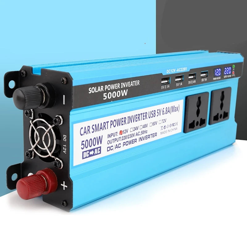 Inverter converts DC power from solar panels or cars to AC power for homes.