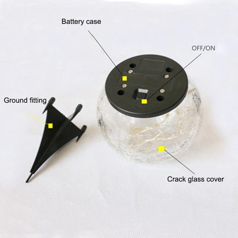 Solar Led Light, Durable design with on/off switch, ground-fitting battery pack, and crack-resistant glass cover.