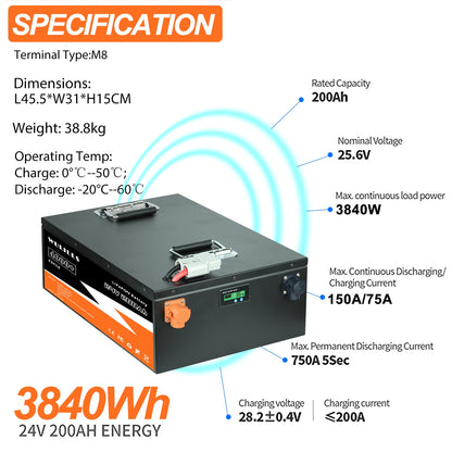 New Grade A 24V 100Ah 200Ah LiFePo4 Battery Pack - Lithium Iron Phosphate Batteries Built-in 8S200A BMS 48V For Solar Boat No Tax