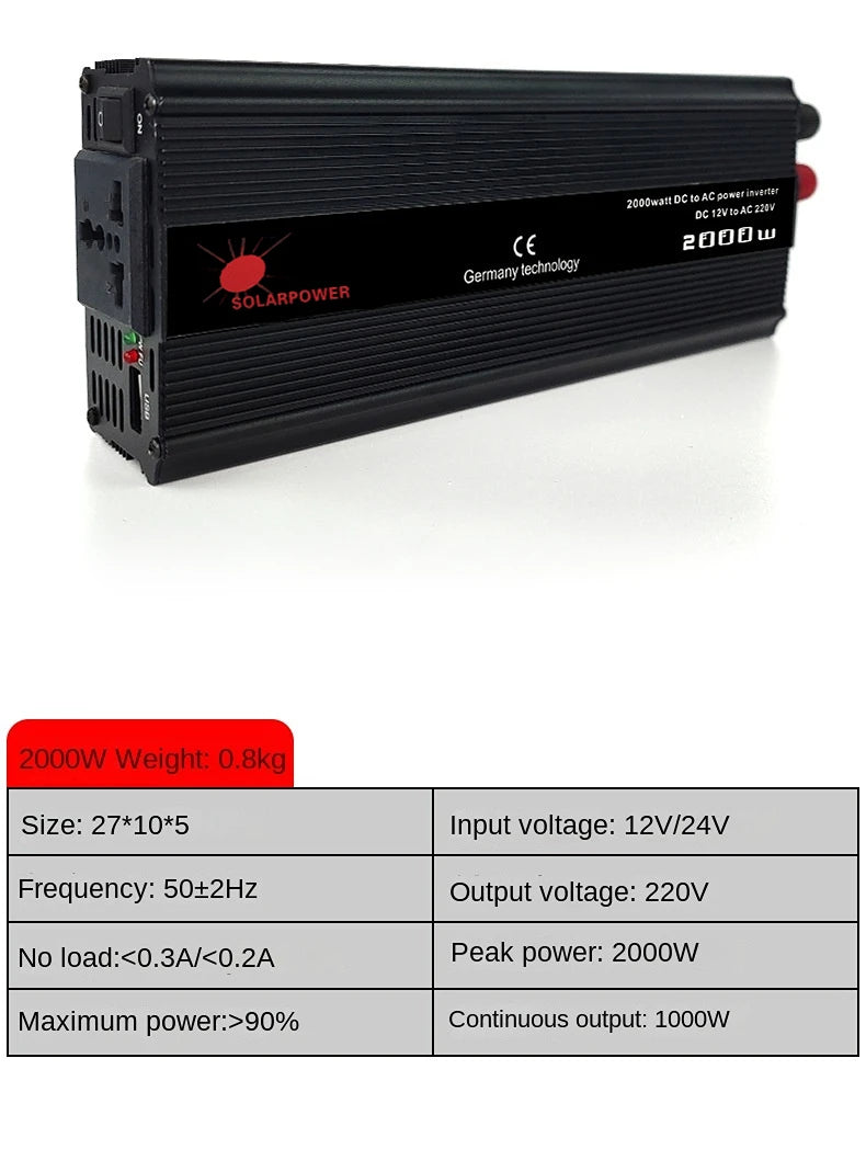 Solar Inverter, Compact solar power inverter converts DC to AC, 2000W max, efficient, and lightweight.