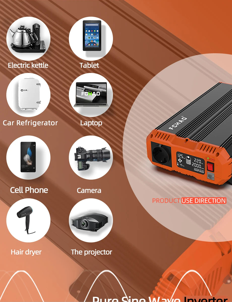 FCHAO 2400W Solar Panel Inverter, Portable power solution for various devices, including electronics and appliances.