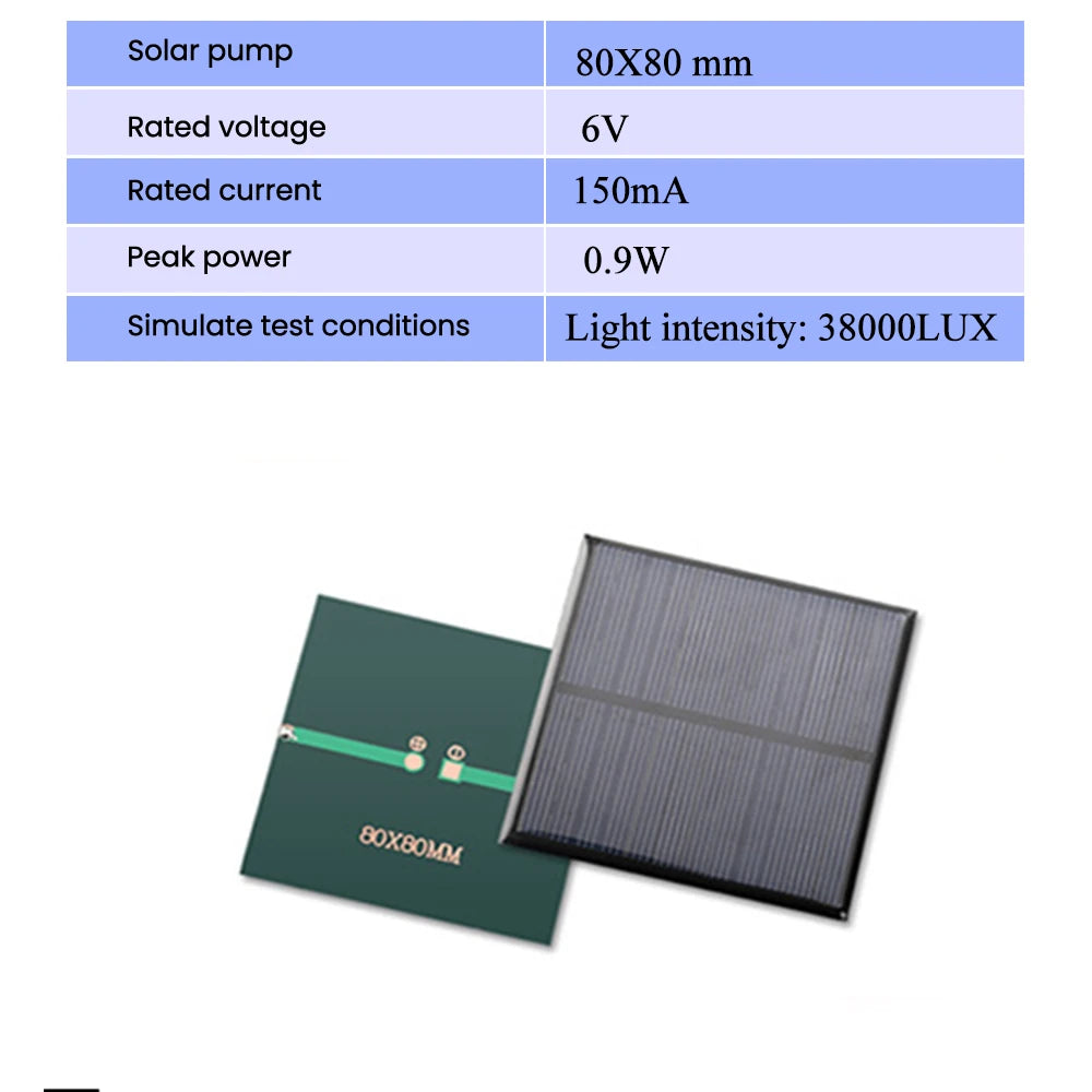 SUNYIMA 10PCS 2V 5V 6V 50*50 80*80 Solar Panel, 80x80mm solar panel with 6V/150mA rating, 0.9W peak power, tested under high light conditions.